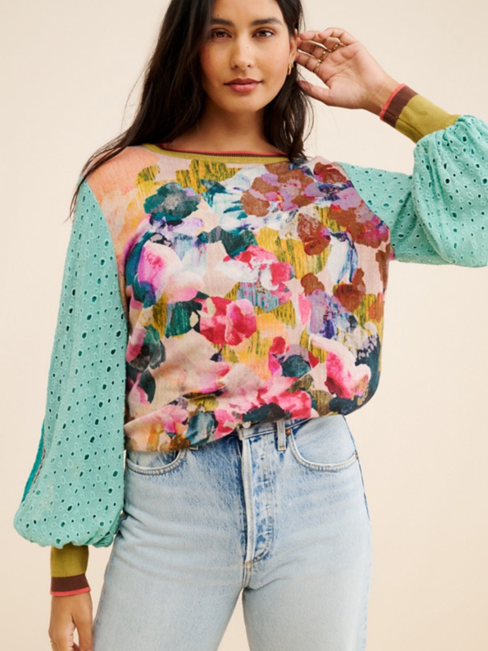 Blank London Anthropologie Contrast Eyelet Pullover Blouse in Turquoise M $120